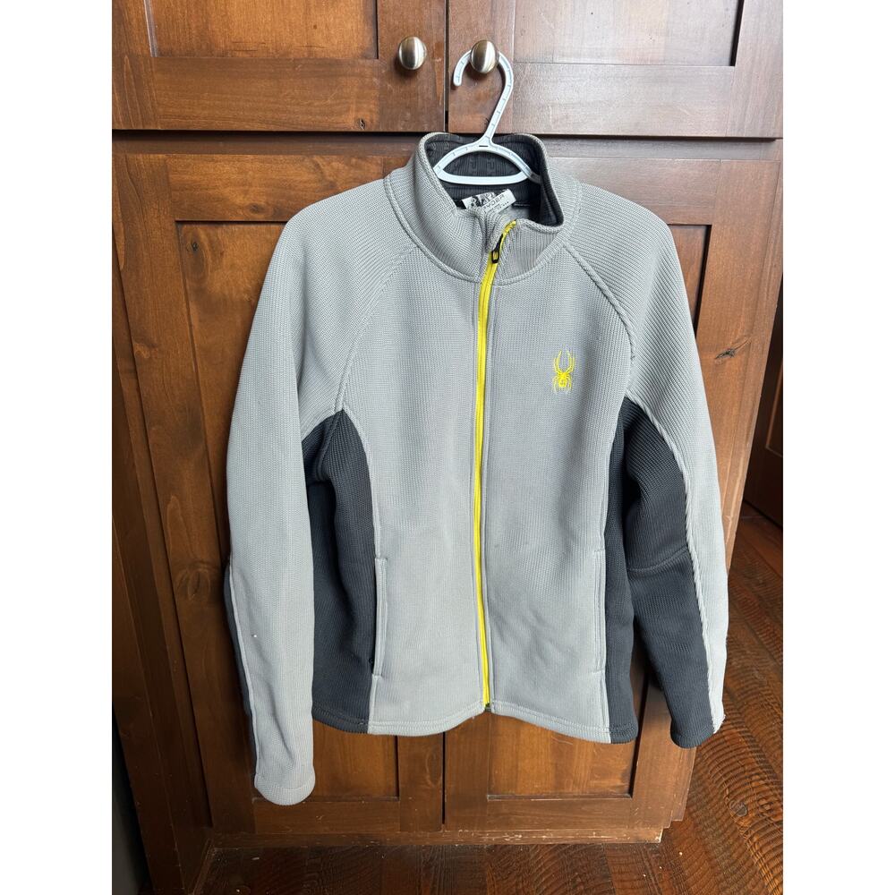Spyder Men’s Full Zip Fleece Jacket Size Medium Gray Yellow Spider Logo Ski